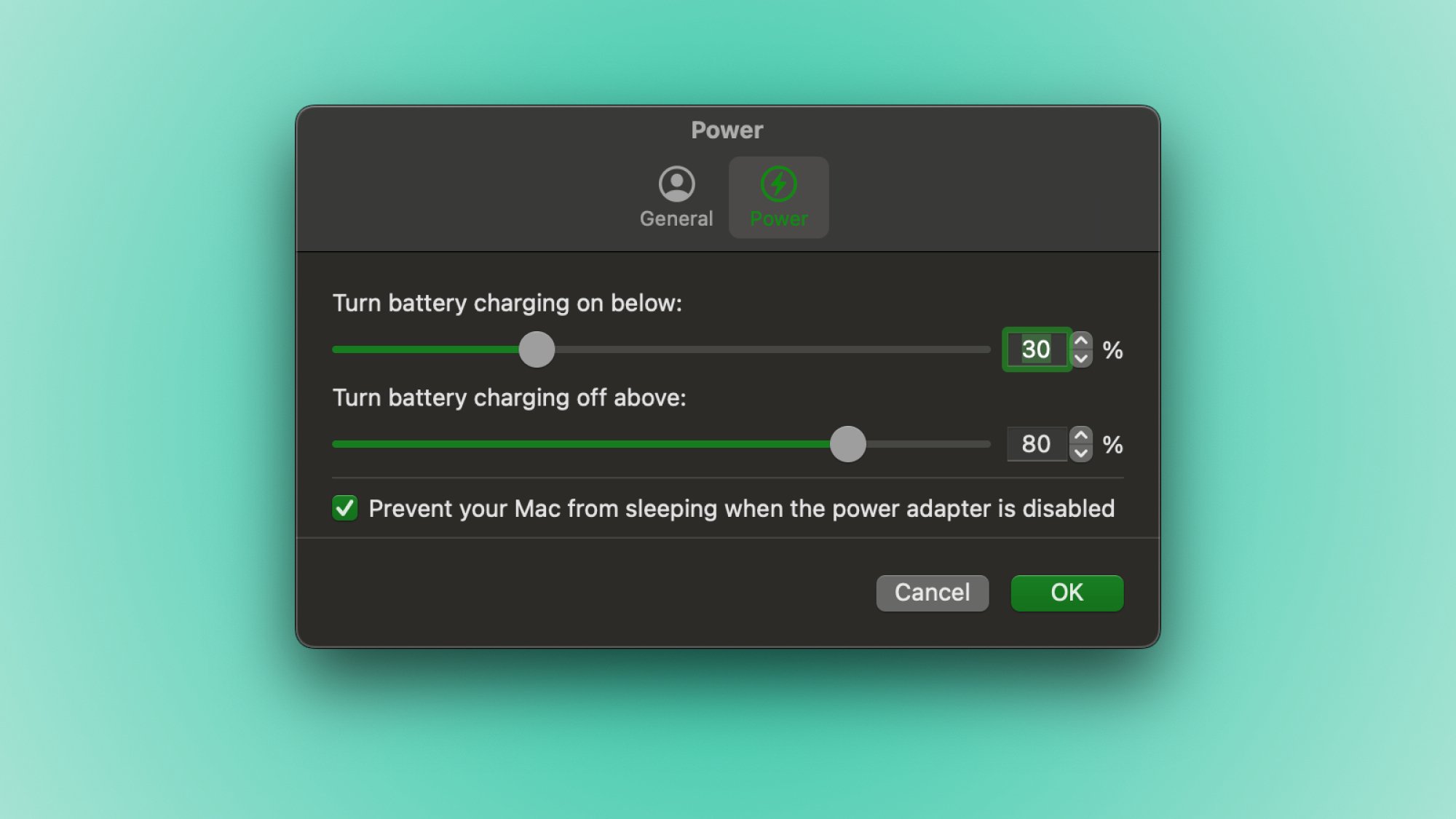 A screenshot of Battery Toolkit's power management options.