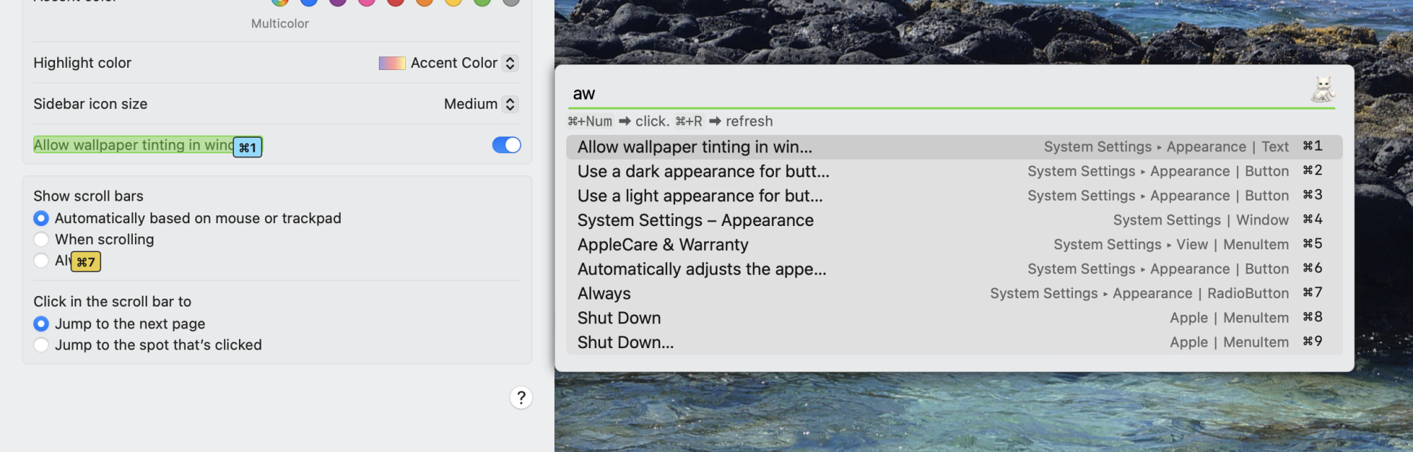 Searching for "AW" in Shortcat allows me to quickly click the "Allow wallpaper tinting" option in System Settings. 